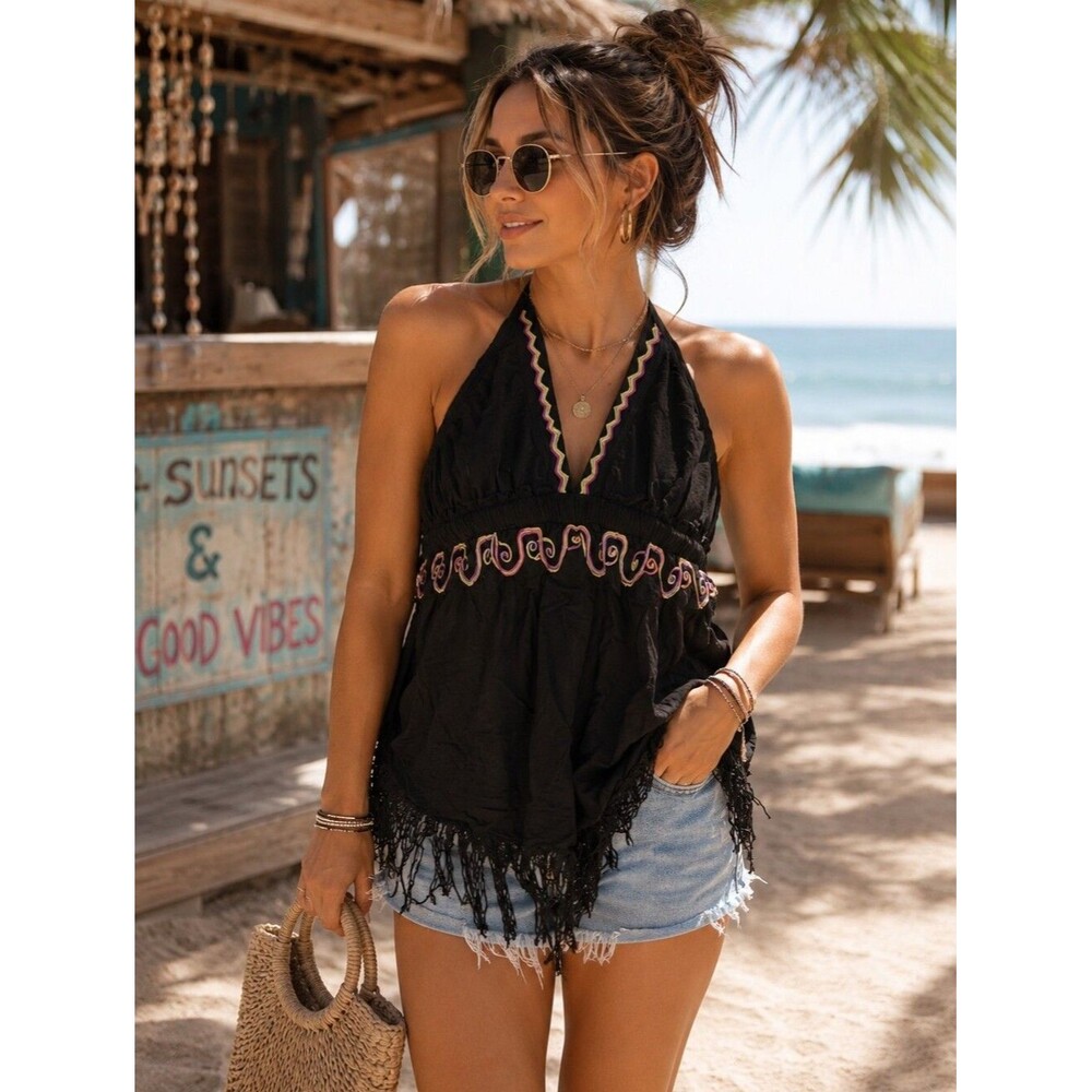 Vtg Rampage Halter Top M Fringe Hippie Boho Festival Y2K Fairy Cute Fun